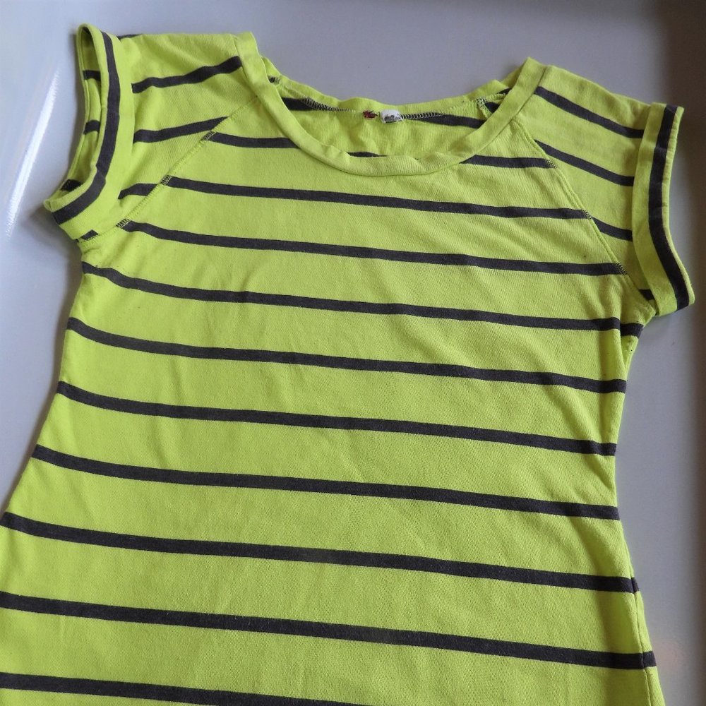 Lime Green Gray Stripe Cap Sleeve Tee Shirt Size Small Womens